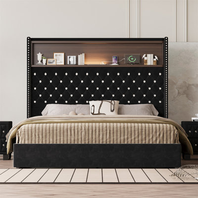 Luxurious Full Size Velvet Tufted Soft Bed Frame with USB Port and Night Light - 52