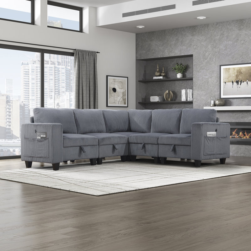 Skrzypek Square Arms Sectional with Storage, Dark Gray Corduroy