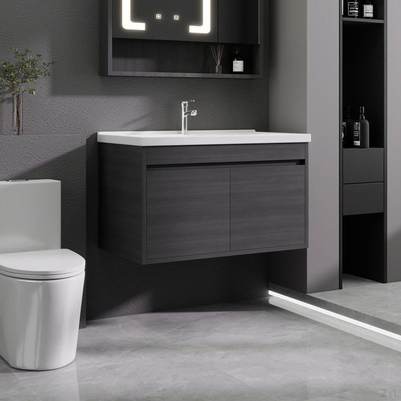 Meuble-lavabo 32 po avec lavabo en céramique et porte d'armoire à fermeture en douceur, fixation murale flottante, bonde escamotable, siphon inclus (sans robinet), K2 - incluant A +