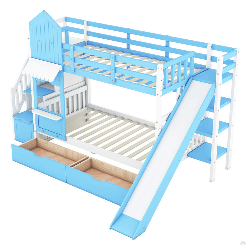Twin-Over-Twin Castle Style Bunk Bed With 2 Drawers 3 Shelves And Slide