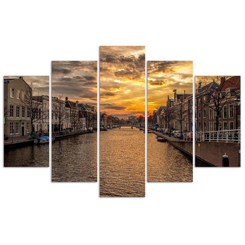 City River Sunset - 5 Piece No Frame Print on Canvas, 100cm H x 200cm W