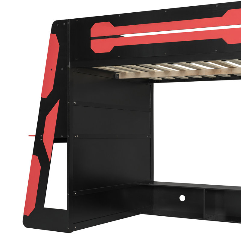 Lit mezzanine double en bois rouge avec bureau et tablettes à plusieurs niveaux pour 6, taille de style approprié, rangement sous la console, travail intégré 93,3 x 55,6 65