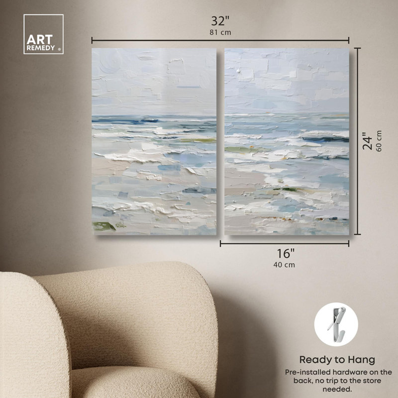 Seaside Strokes Coastal Pair Canvas Print Gold Boho Wall Decor Set by Art Remedy, Silver Frame, 24 x 36, 24" H x 16" W