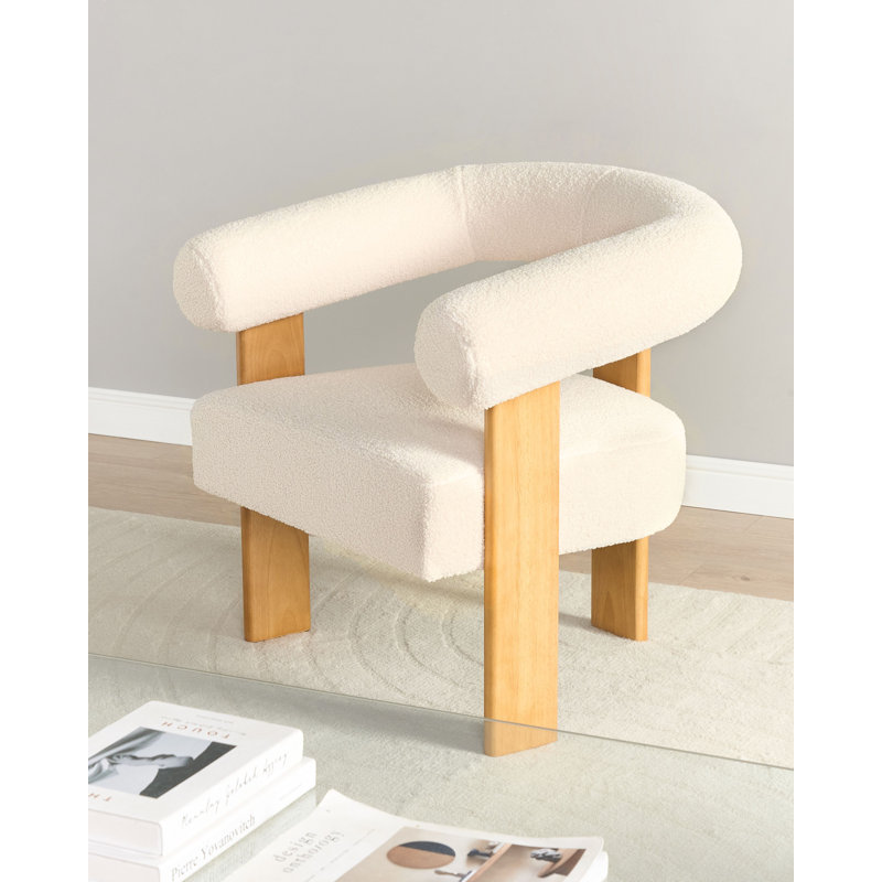 Upholstered Boucle Armchair, White, Beige Wood