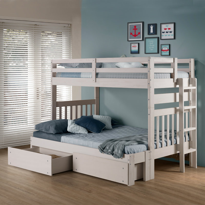 Ahmia Kids Twin Over Full Bunk Bed with Drawers, White Mist