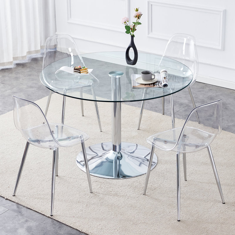40' Round Glass Top Dining Table Set, 5, Argent argent