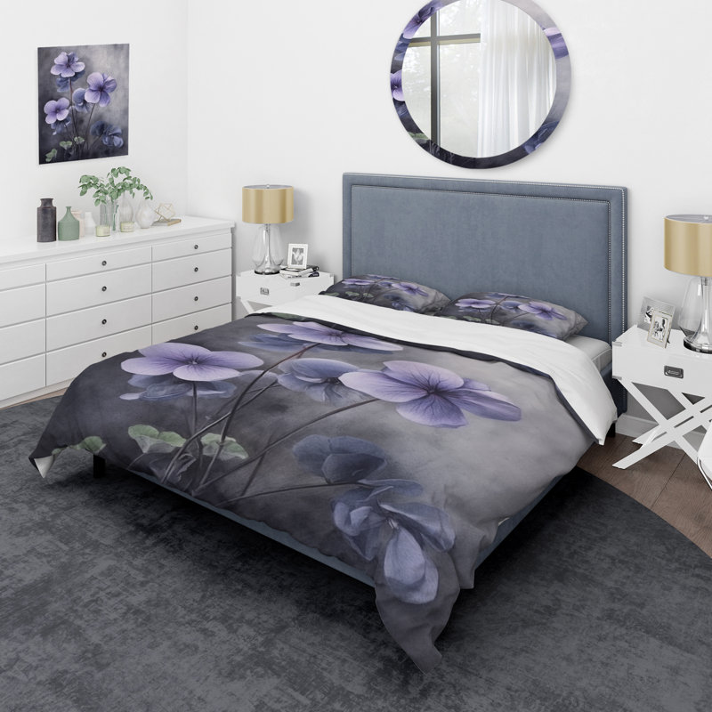 Ensemble de housse de couette floral mauve, gris et violettes Dream I, Housse de couette simple et deux taies décorative