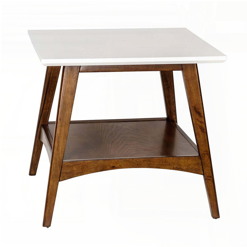 Table de bout carrée avec tablette inférieure - structure en bois d'hévéa, plateau en bois aggloméré