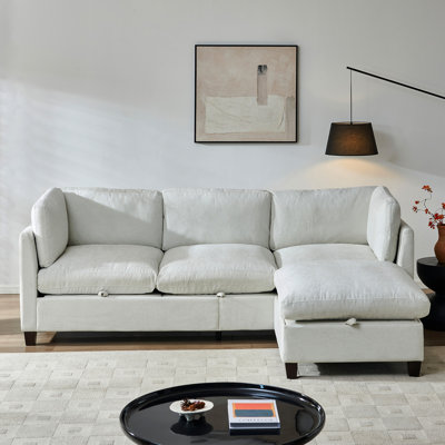 Canapé d'angle beige 3 places en L (96,5 pouces), avec siège en chenille douce, confortable et stable, offrant un espace de rangement. Meuble d'une pièce.