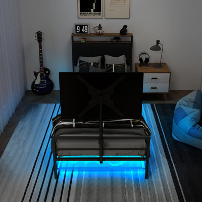 Cadre de lit de jeu avec support de télévision pivotant à 360 ° pour téléviseur de 65 po, lit plateforme en métal avec lumières DEL et station de charge, lit intelligent pour chambre d'adolescent