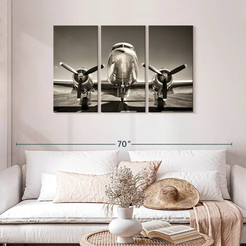 Avion noir et blanc rétro - impression sur toile tendue 3 pièces, H 28 po x l 45 po x P 1,25 po