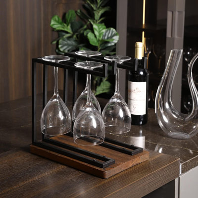 Industrial Metal Wine Glass Rack Holder Stand with 2 Hanger Bars and Rustic Wooden Base