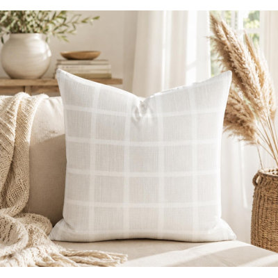 French grey and off white checkered plaid canvas pillow cover
