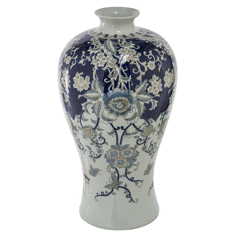Urne décorative Rayn, art chinois blanc bleu, porcelaine de 24 pouces