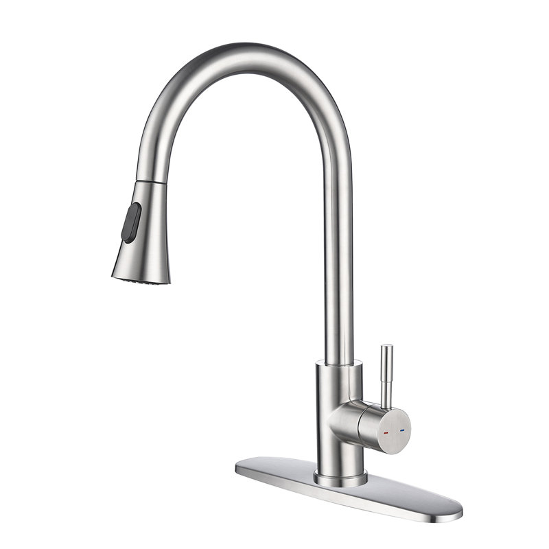 Robinet de cuisine moderne à douchette extractible, corps en acier inoxydable, teinte nickel brossé, acier sans effort