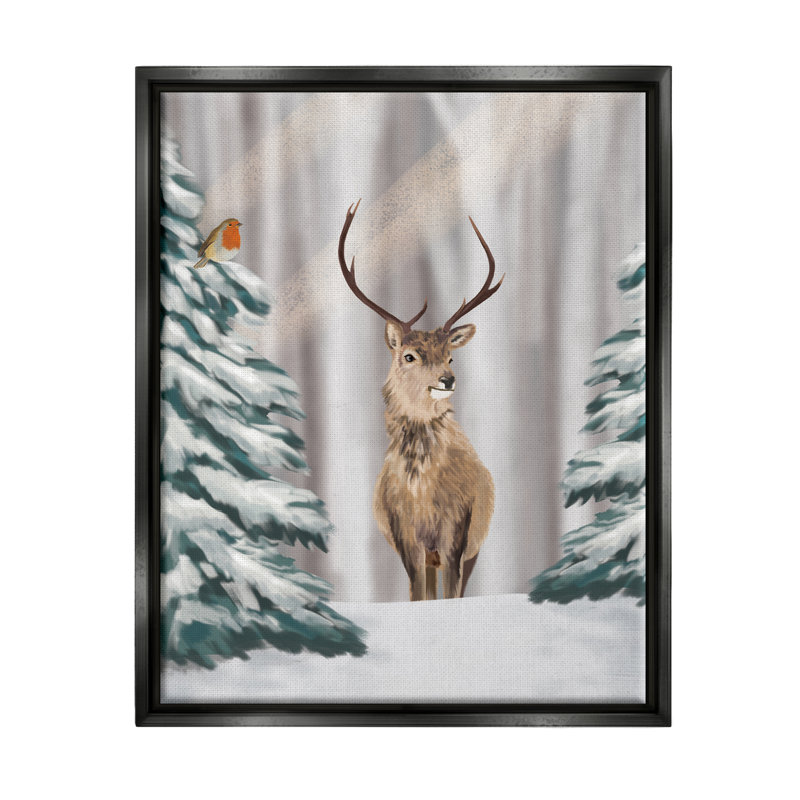 «Seasonal Deer Winter Landscape» par Lemon & Sugar, impression, H 31 po x l 25 po x P 1,7 po, Cadre flottant noir de jais