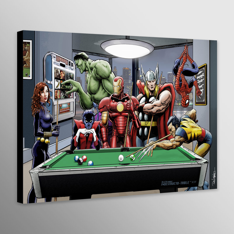Super Heroes Playing Pool Illustration - Wrapped Canvas Print, 21cm H x 31cm W
