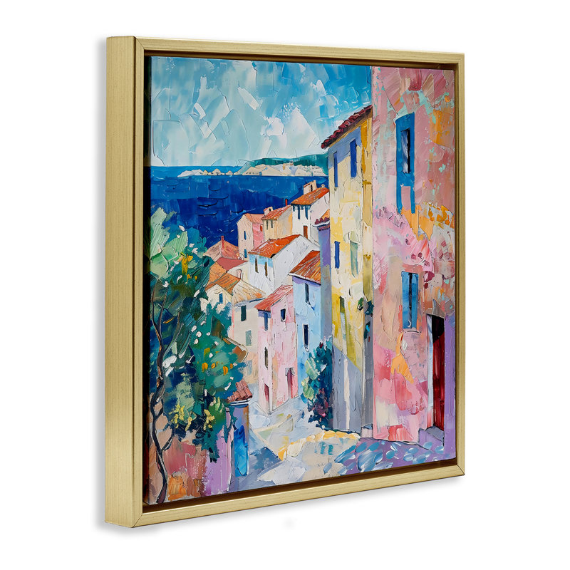 Cadre flottant méditerranéen, bord de mer, design par LSR Creative Studio, H 18 po x l 18 po, Cadre flottant métallique doré