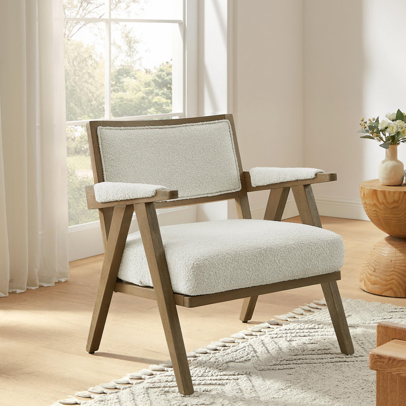 27.56'' W Solid Wood Frame Upholstered Accent Armchair, White Boucle