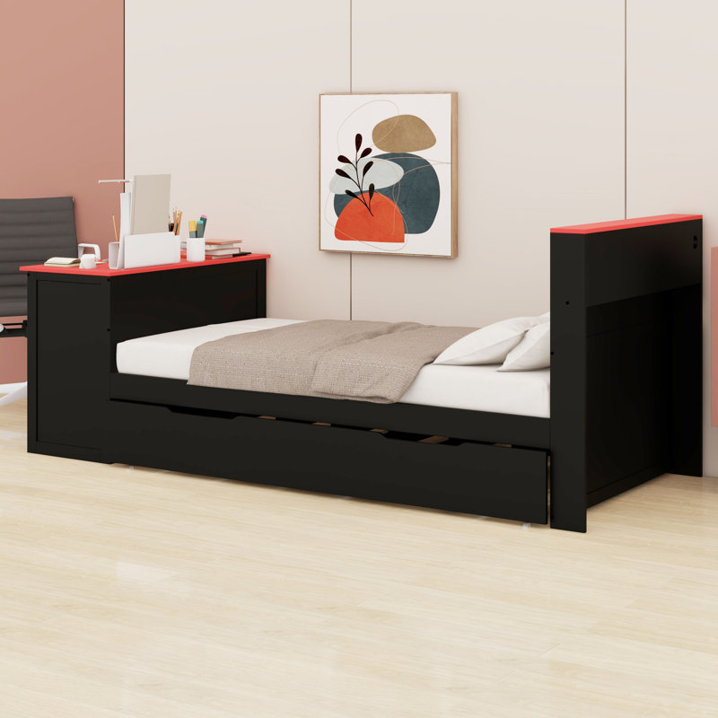 Modern Wood Daybed with Trundle & Integrated Desk - LED Light + USB Charging, Twin, Black+Red