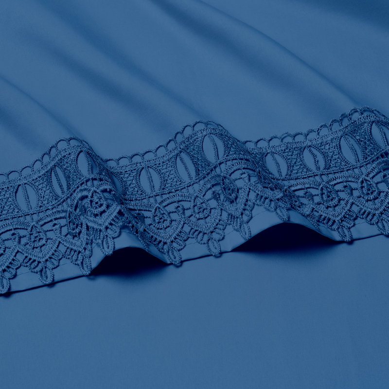 Ensemble de draps en bambou à densité de tissage 1800 fils 3 lignes, dentelle ou uni (4pc), Bleu marine