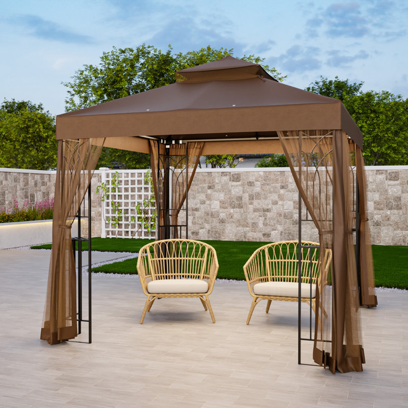8 Ft. W x 8 Ft. D Steel Patio Soft Roof Gazebo With Netting, Brown