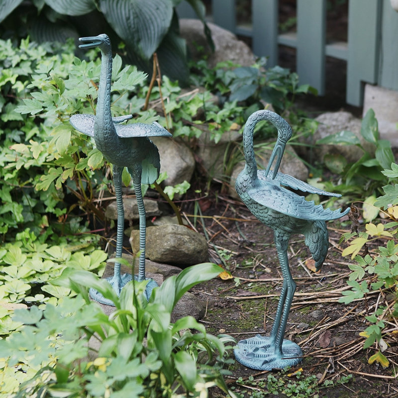 Antique Verdi Aluminum Preening Crane Pair Garden Statues