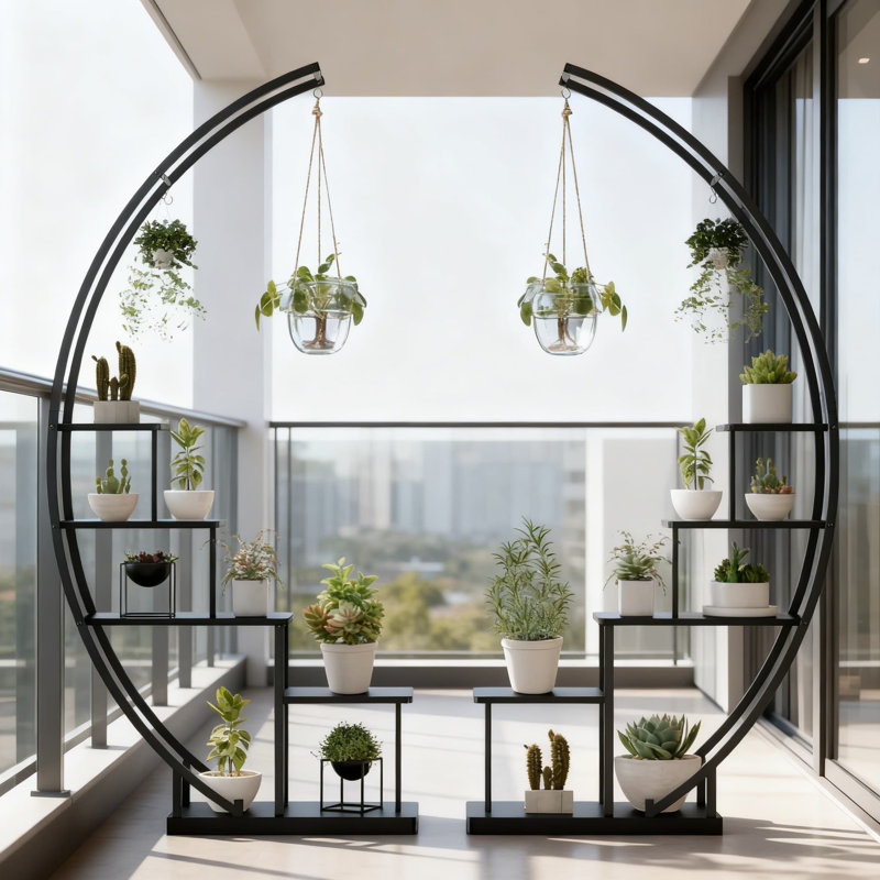 Présentoir à plante en métal à 5 niveaux en forme de demi-lune pour plantes et décorations multiples