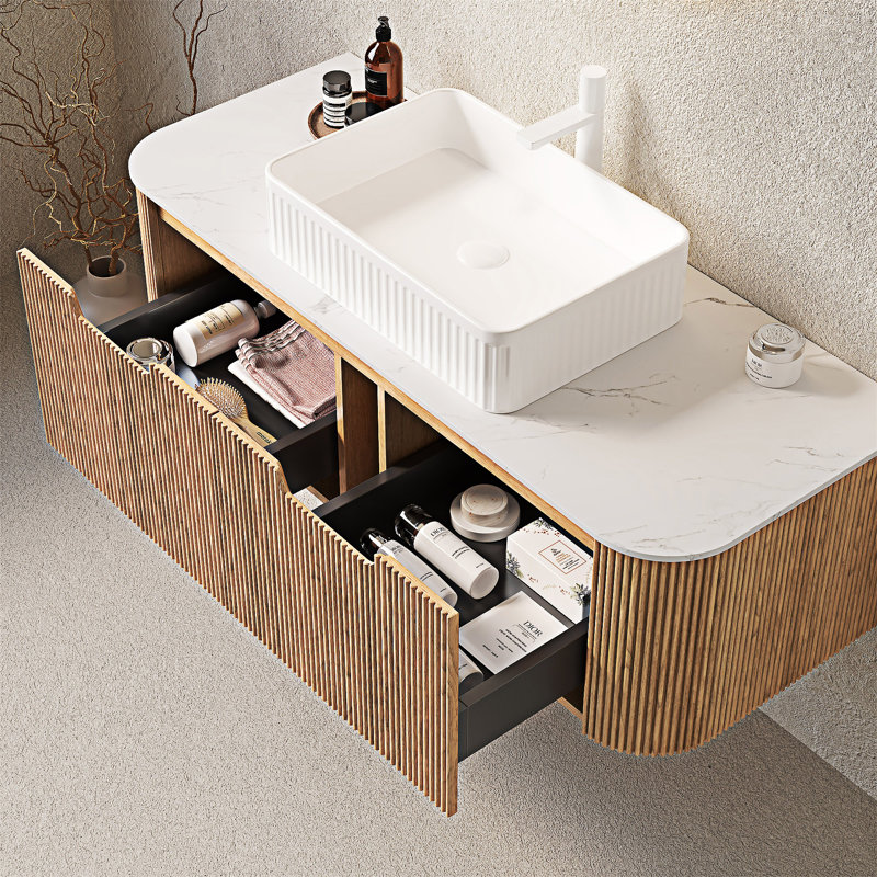 Meuble-lavabo mural flottant avec lavabo, Blanc, Bois naturel