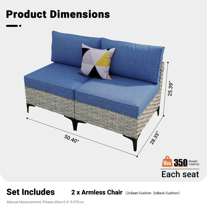 Ensemble de conversation en osier / rotin pour 2 personnes avec coussins Emroy, Bleu denim