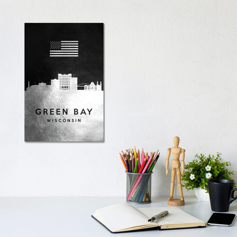 Green Bay Wisconsin Silver Skyline by Adrian Baldovino - Wrapped Canvas Print, 20.32 cm H x 30.48 cm W