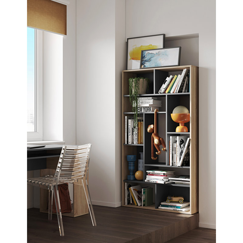 Shuntel 162.8cm H x 90.8cm W Geometric Bookcase, Black/Oak