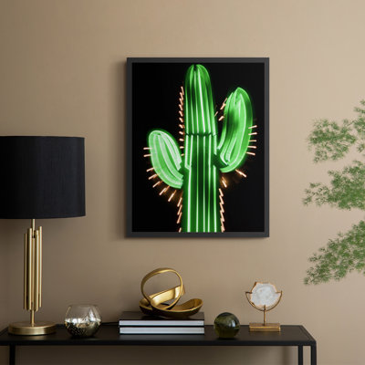 Neon Cactus Framed Print - Solid Wood