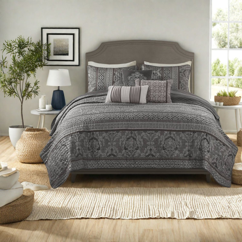 Luxurious Polyester Jacquard Bedding Sets, Modern Grey King/cal King