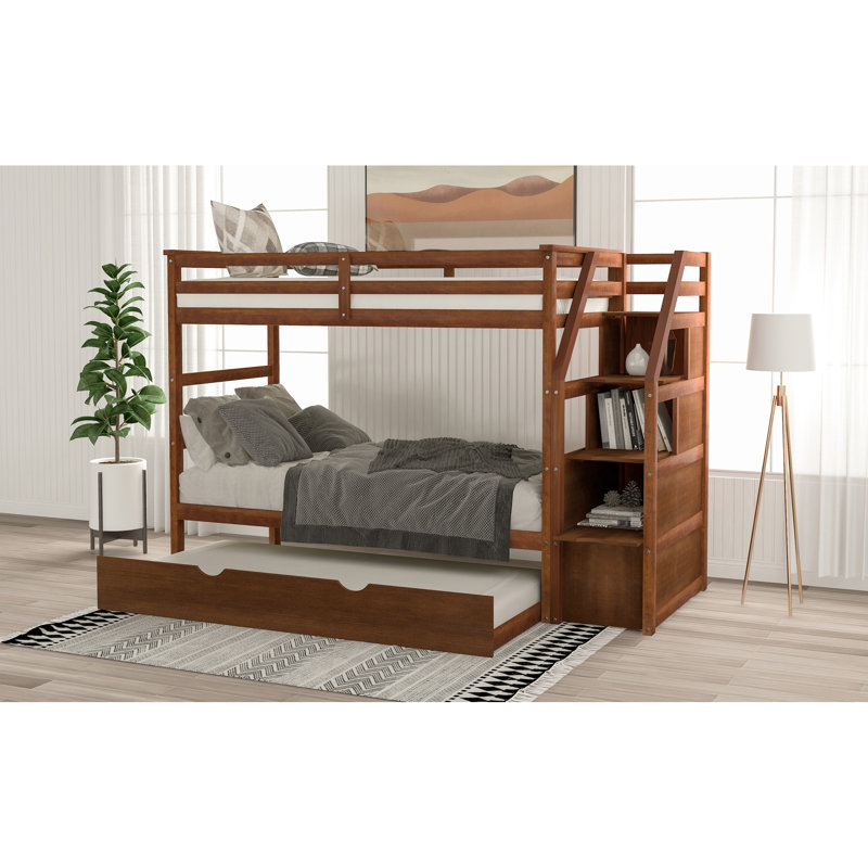 Lit superposé Twintwin en noyer avec lit gigogne de rangement simple fonctionnel et spacieux