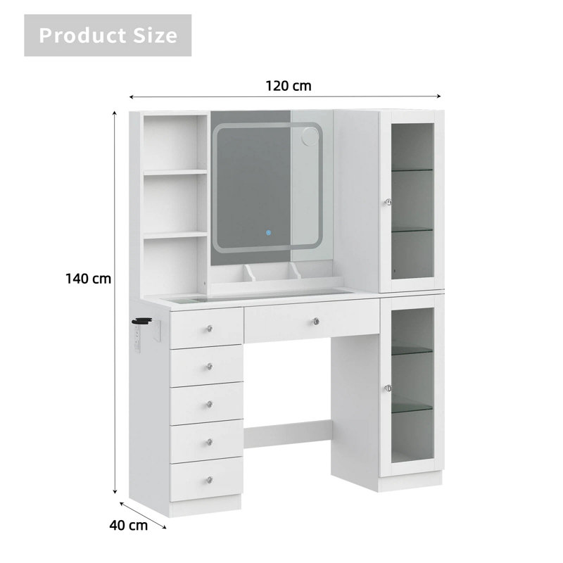 Dressing Table with LED Mirror, 6 Drawers, 2 Cabinets and 3 Open Shelves, Power Outlet, Glass Top, White