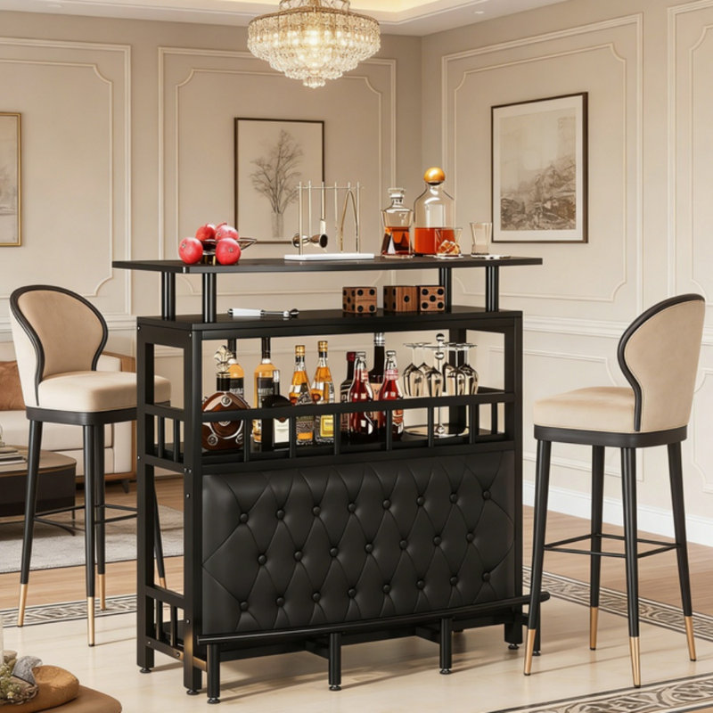 Table de bar - 43,31 po x 16,34 po x 44,09 po - Bois d'ingénierie - 1 pièce - Table de bar - Noir - Rangement à plusieurs niveaux