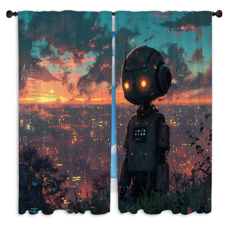 Robot Window Curtains  Futuristic Night View Drapes - 2 Panels, 40" W x 61" L