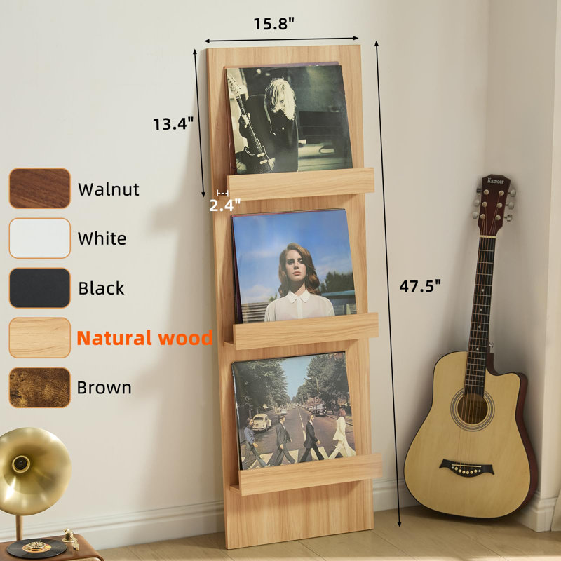 Wall Mount Vinyl Record Holder with 3 Tier Display Area, 47.5'' Tall Record Storage Magazine Holder, Book Shelf Holder Holds Up to 15 Vinyls Albums/CD for Music Room, Living Room, Natural