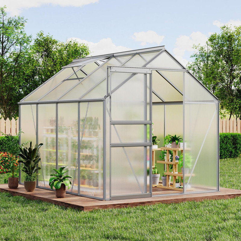 6x8 ft Walk-in Polycarbonate Greenhouse with Aluminum Frame, UV Protected Panels, Adjustable Roof Vent and Rain Gutter for Backyard, Patio, Lawn