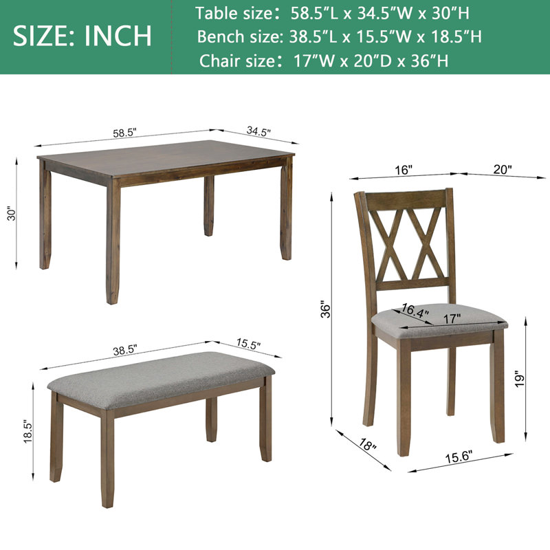 Ensemble de table de salle à manger 6 pièces rectangulaire en bois d'acacia, table de salle à manger élégante avec 4 chaises de coussin et 1 banc rembourré, ensemble de table moderne avec dossier en croix classique pour la salle à manger et la cuis