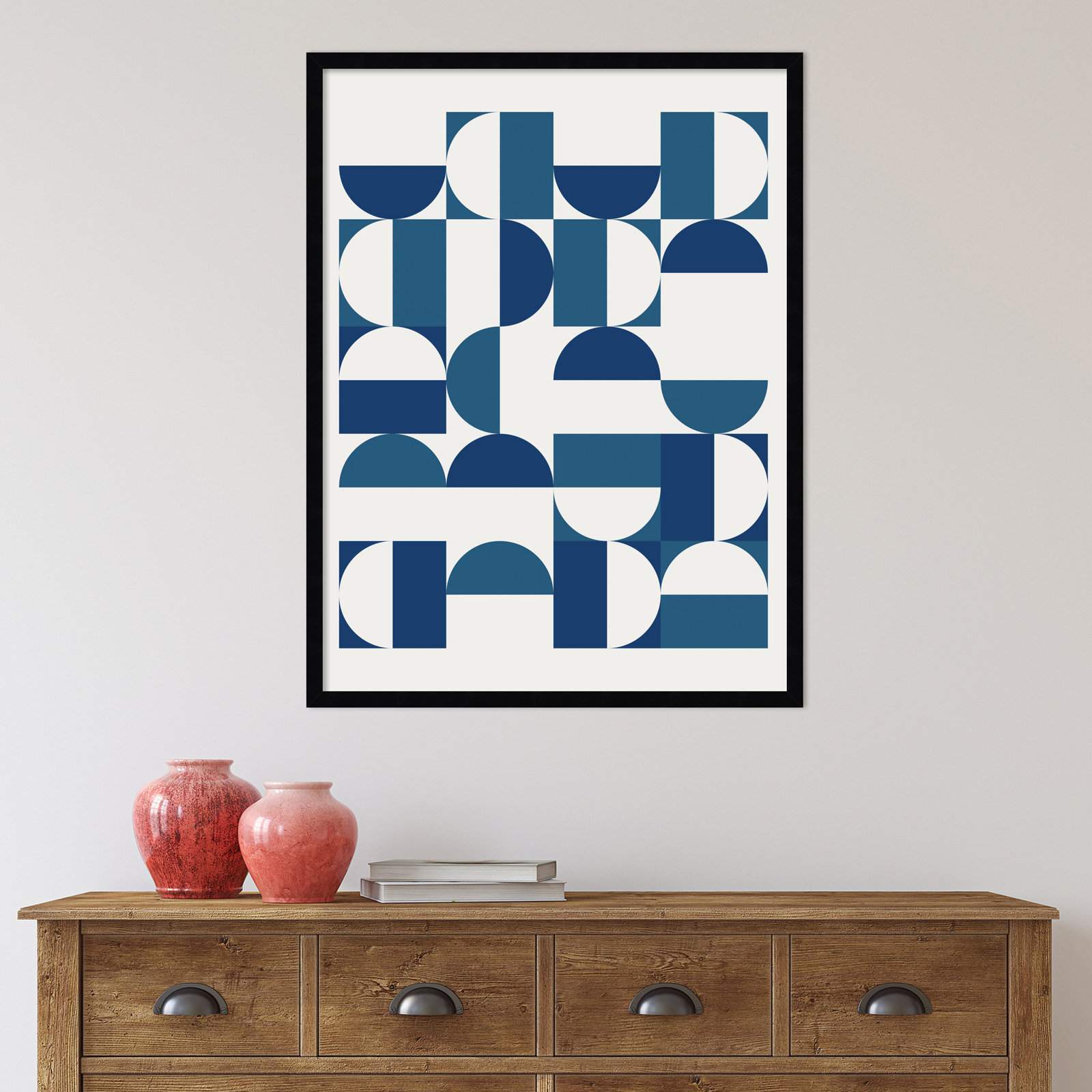 Bauhaus Geometric Blue and Teal Print, Black, 33" H x 25" W x 1" D