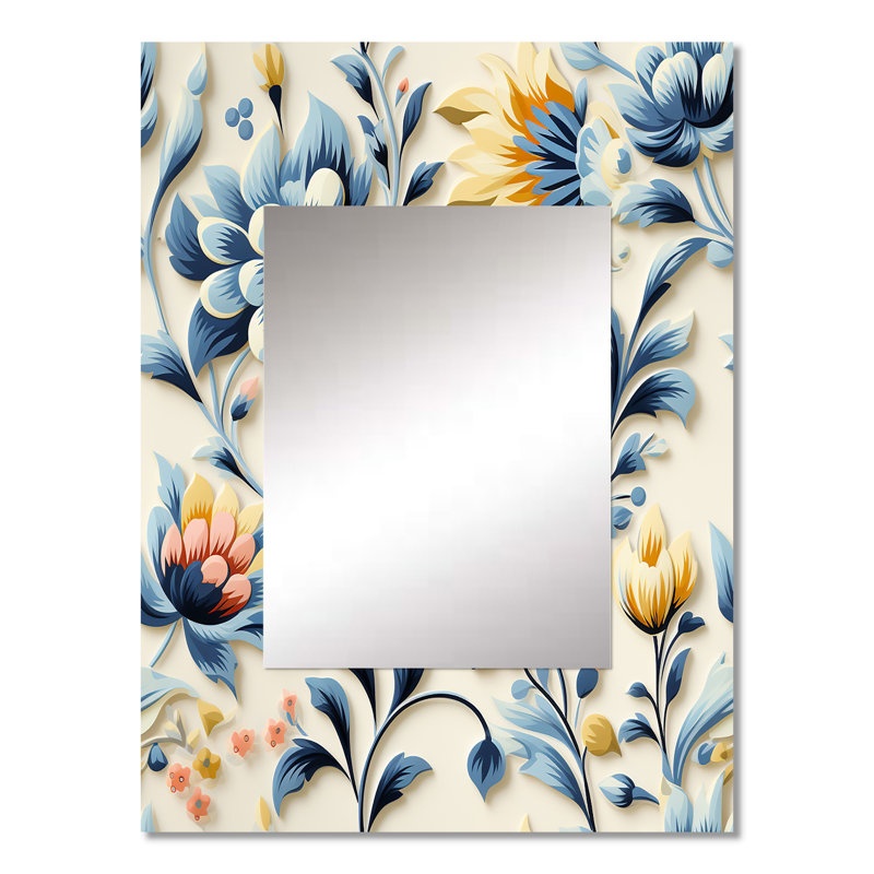 Youriy Ethno damassé rose et bleu fougères - grand miroir damassé, miroir mural décoratif damassé, impression sur métal