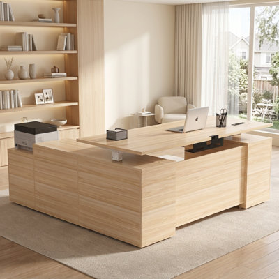  71" L-Shaped Electric Standing Desk with Drawers, Built-In Power Outlets and Privacy Panel, Height-Adjustable Standing Office Desk for Executive and Home Offices,  Home Offices Desk
