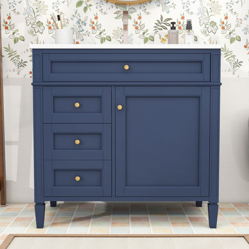 Meuble-lavabo simple en bois Ellarose avec lavabo en céramique et beaucoup de rangement, Marine