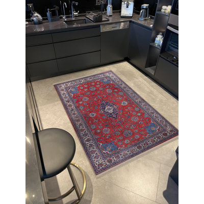 Tapis décoratif rétro à motif traditionnel rouge et bleu