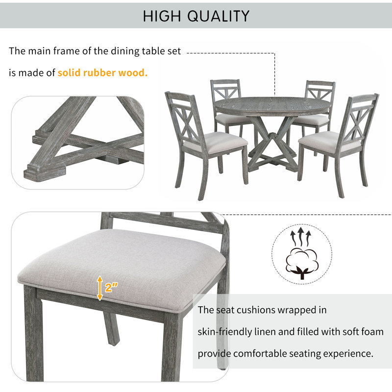 Ensemble de table de salle à manger extensible 5 pièces avec 4 chaises rembourrées de style rétro TREXM (brun et blanc antique)
