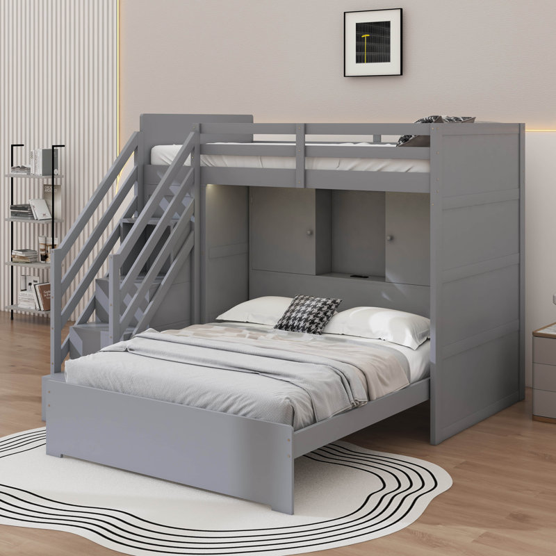 Lit superposé avec escalier de rangement, garde-robe, éclairage DEL et USB, lit superposé multifonctionnel avec tablettes ouvertes