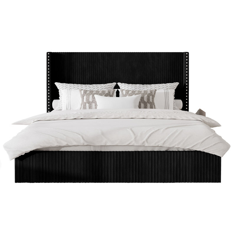 Lit tapissier en velours côtelé avec 4 tiroirs de rangement, très grand lit plateforme avec tête de lit à oreilles, noir
