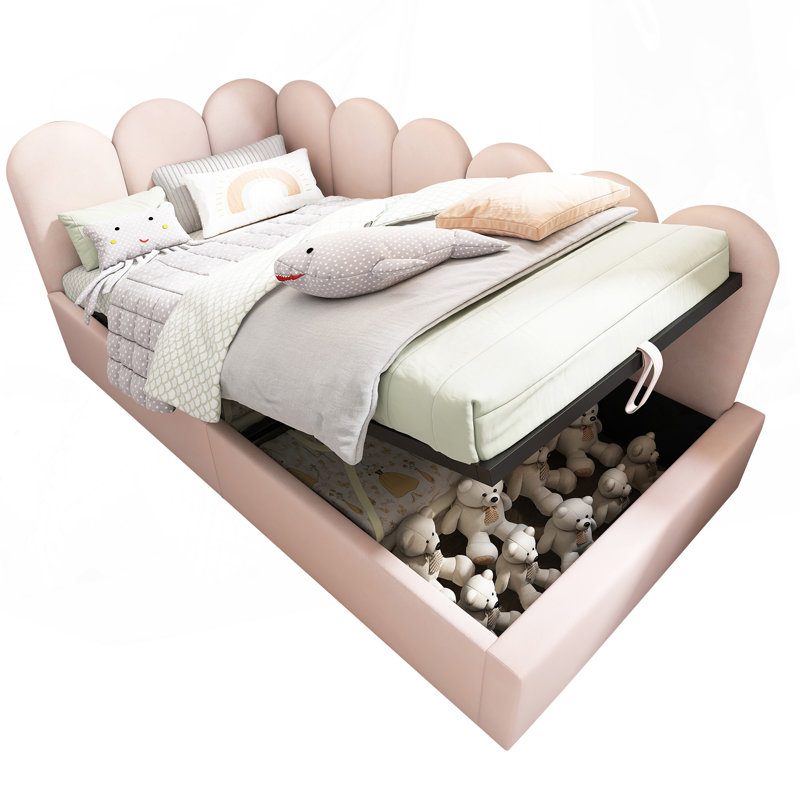 Pink Velvet Twin Size Upholstered Daybed with Hydraulic Storage, Metal Slat Frame Single Sofa Bed Ottoman Bed, No Mattress Included